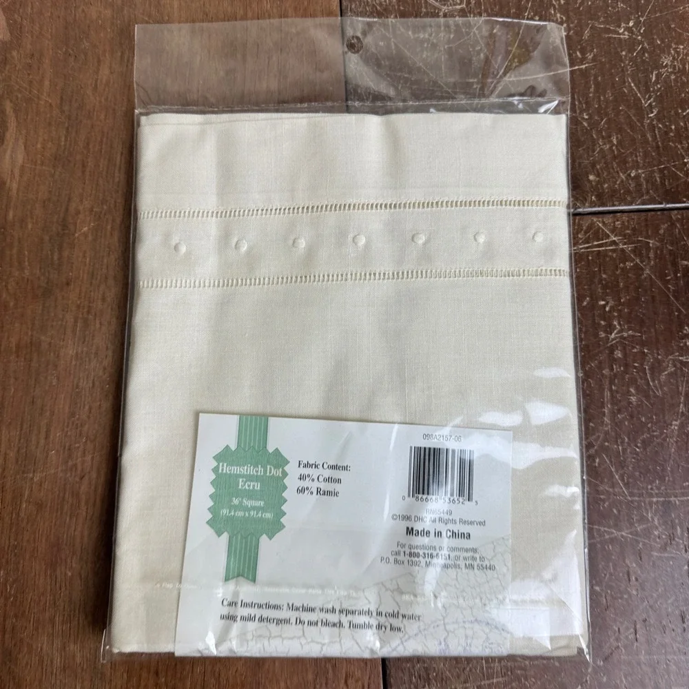 Furio Home‎ Hemstitch Dot Table Topper Ecru 36 Inch Square Cotton Ramie